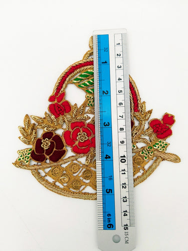 Hand Embroidered Zardozi Flower Basket Applique in Orange, Peach and Antique Gold, Wedding Dress Applique